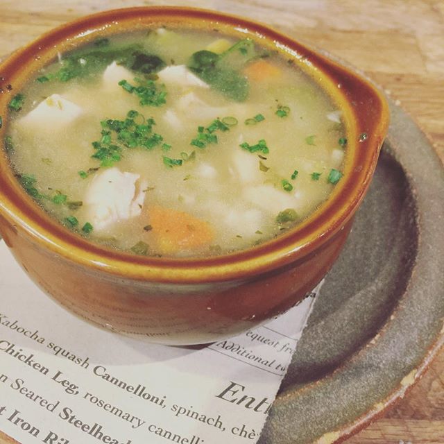 Warm them bones! Roasted chicken ‘noodle’ soup with cous cous and preserved Meyer lemon.